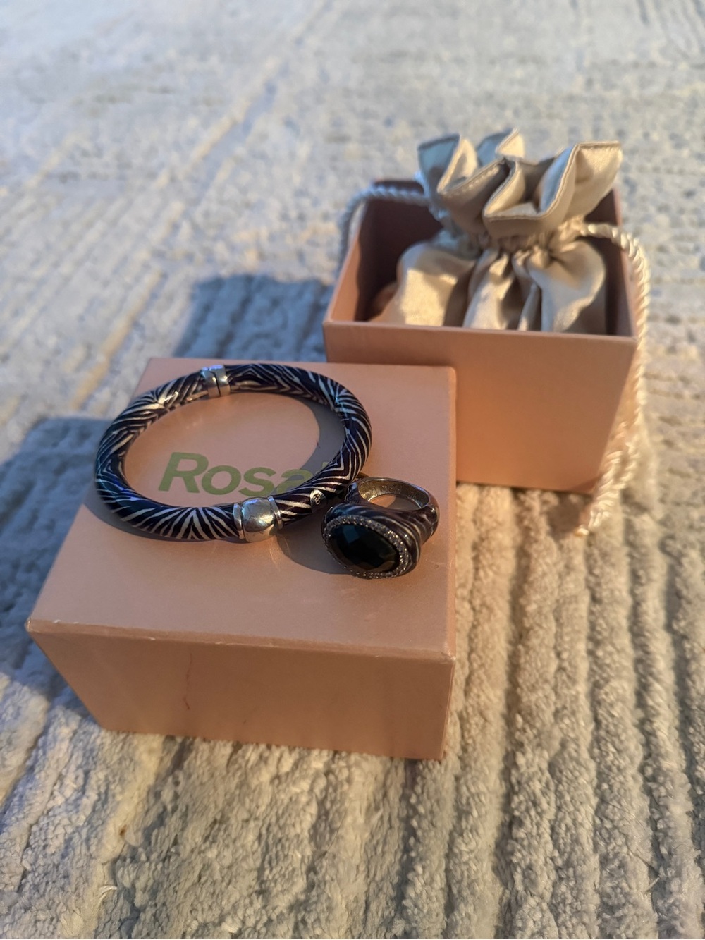 Black Stone Silver-Tone Ring and zebra bangle